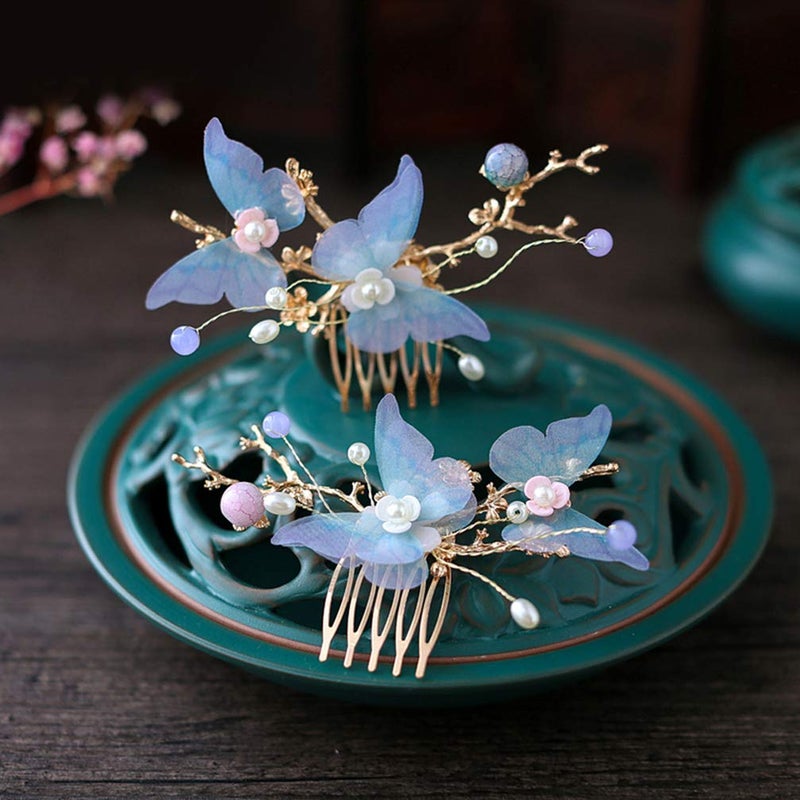 Minkissy Chinese Hair Accessories Hair Sticks With Chain Chinese Hanfu Hair Pins Side Comb Cherry Blossom Headpiece For Women Girls Flower Crystal Pearl Hair Chopsticks - Image 3